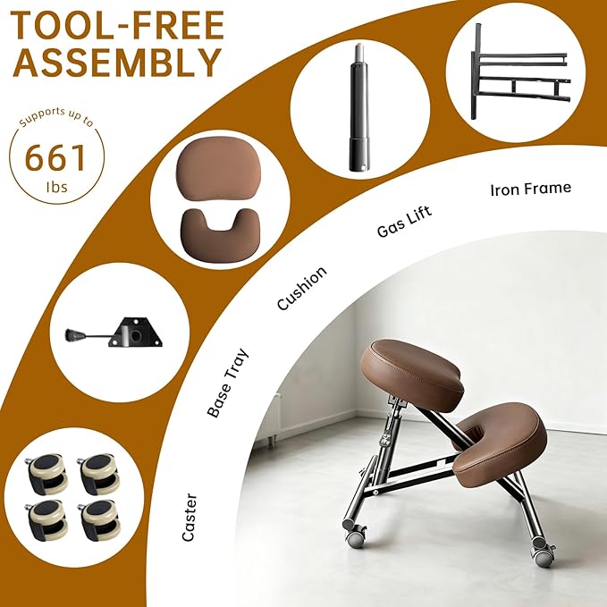 PU Leather Ergonomic Kneeling Chair, Adjustable Home and Office Stool with Thick Pads and Flexible Lockable Brake Wheels for Back Pain Relief（Dark Brown）