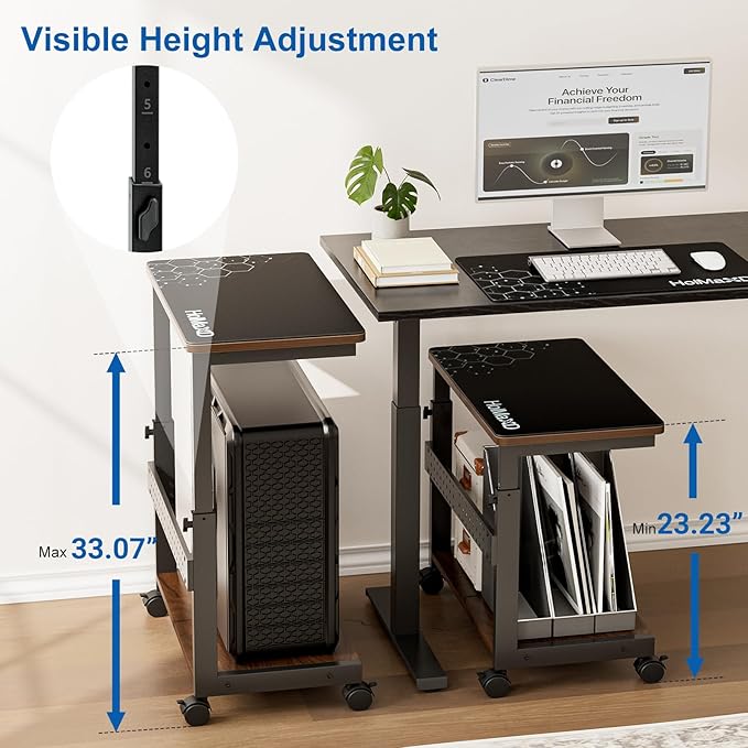Height Adjustable Computer Tower Stand, 2-Tier ATX-Case CPU Holder with Mouse Pad & Headphone Stand, Mobile PC Standing Under Desk, Home Office Gaming Accessories, Computer Cart, Walnut
