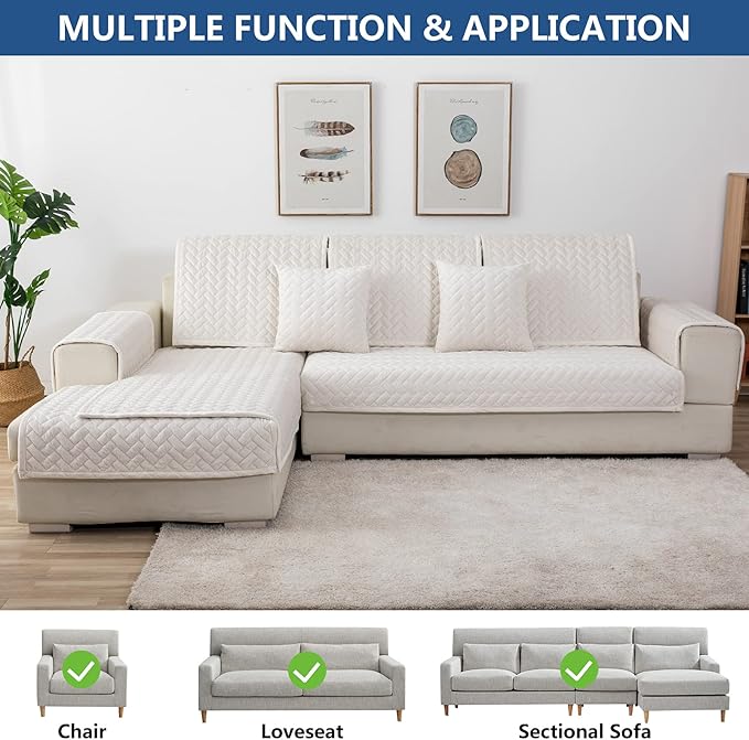 Eismodra Couch Cover,Sectional Couch Covers,Sofa Covers for 3 Cushion Couch,Anti-Slip Sofa Slipcovers for Dogs Cats Kids Loveseat Recliner L Shaped Armrest Backrest,White 43''x63''(Only 1 Piece)