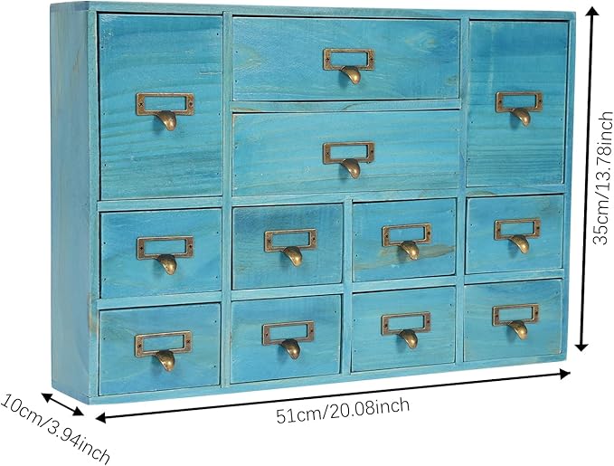 Vintage Desktop Apothecary Cabinet with 12 Drawers,Wood Desktop Organizers Stackable Drawers Desktop Chest Drawer for Herb Storage,Tea Collection,Stationery (12 Drawers,Blue)