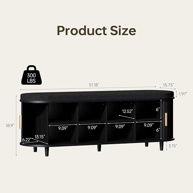 DHH 2-Tier Storage Bench,Wide Shoe Bench with Thickened Padded Seat Cushion, Mid Century Modern Fluted Sliding Door and Adjustable Shelf, for Entryway, Living Room, Bedroom (Black, 51.2”)