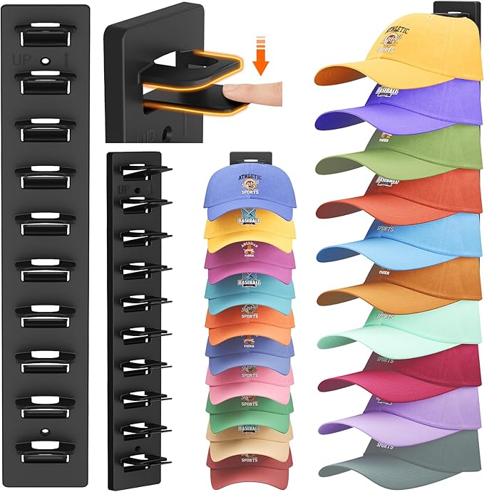 Lifewit Wall-Mounted Hat Organizer, 20 Baseball Caps Storage with Elastic Clamp (Each Holds 10), Over-the-Door Hat Rack, Dual Installation with Nails or Adhesive, Closet Cap Holder, Black, 2-Pack
