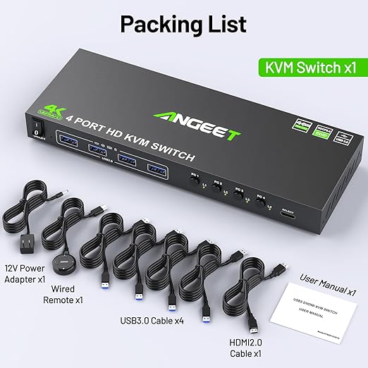 4 Port HDMI KVM Switch 4K@60Hz, Simulation EDID, ANGEET USB3.0 KVM Switches for 4 Computers Share 1 Monitor and Keyboard Mouse Printer, with Wired Remote,12V Power Adapter and 5 Cables
