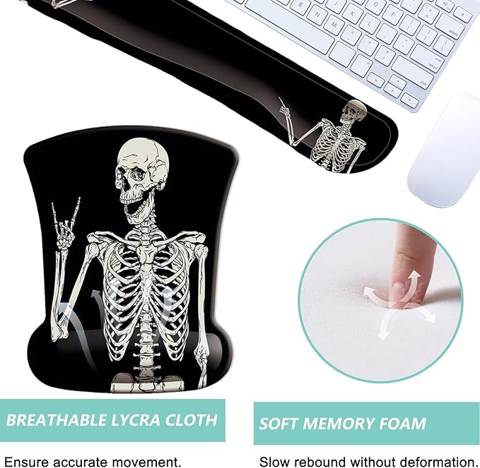 Keyboard Wrist Rest Pad Mouse Pad with Wrist Support Set of 3, Gaming Mousepad with Non-Slip Rubber Base, Ergonomic Memory Foam Mouse Cushion Support for Home Office Laptop Computer, Human Skeleton