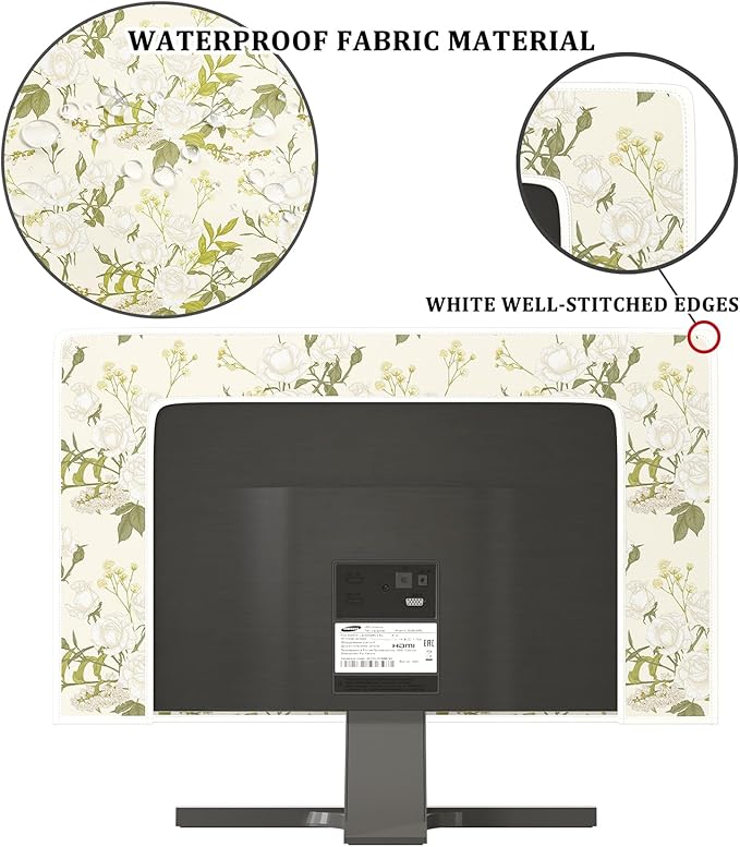 White Rose Flowers Waterproof 58, 59, 60 Inch TV Dust Cover Anti-Static Dustproof Protective Covers Spring Floral Screen TV Cover Sleeve Compatible with PC Desktop and TV,Green Leaves
