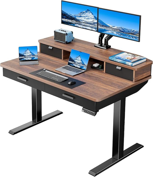 HUANUO 48 x 30 inch Electric Standing Desk with 4 Drawers, Adjustable Height Sit Stand Home Office Desk with Two Tiers, Ergonomic Adjustable Stand up Desk C-Clamp Monitor Mount Compatible, Walnut