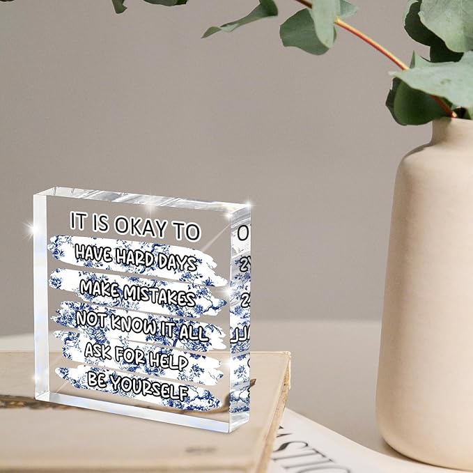 "It's Okay..." Mental Health Decor, Blue and White Porcelain Color Office Acrylic Gift Therapy Inspirational Decorations for School Counseling Office Therapy Desktop Art Decoration School Counselor