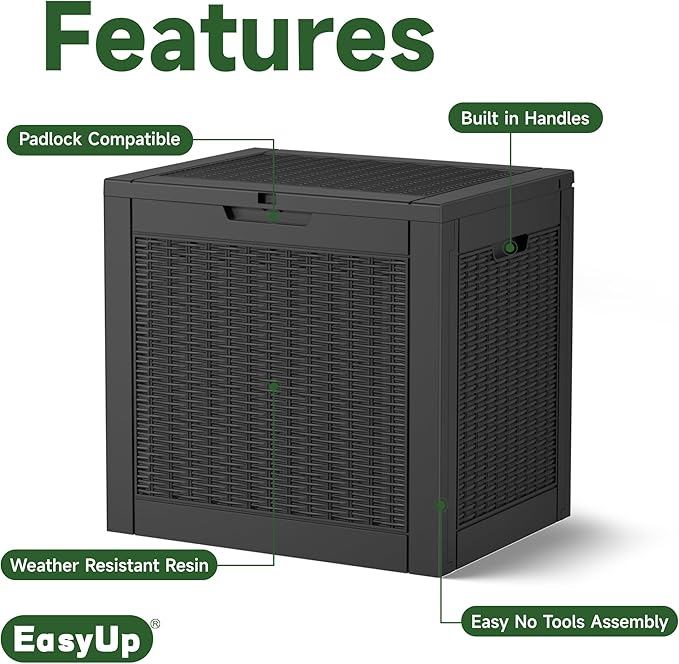 EasyUp 30 Gallon Outdoor Storage Box, Patio OutdoorResin Deck Box for Furniture, Garden Tools, Waterproof Outside Storage Boxes(Black)