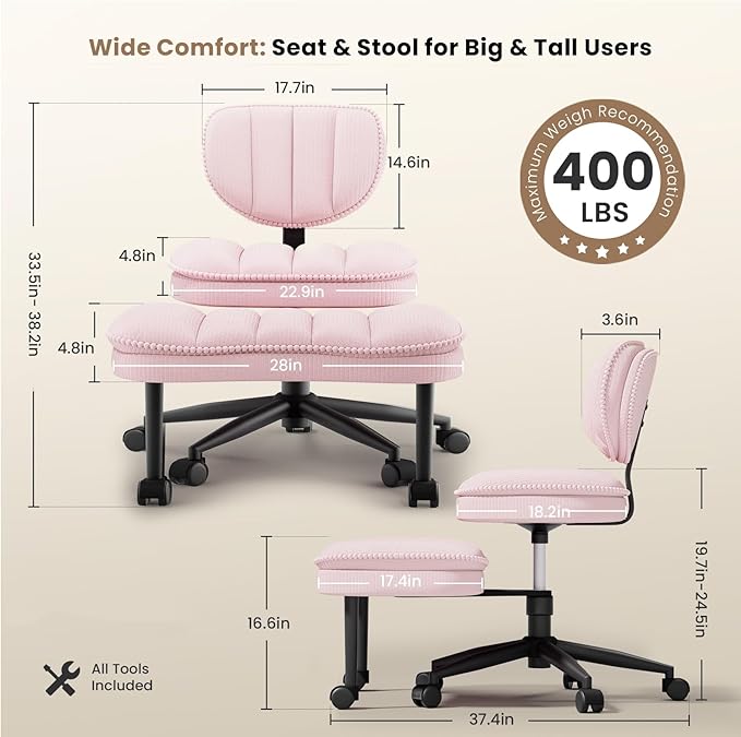 HOMRELEXA Extra-Wide & Tall Cross-Legged Office Chair – Deeply-Padded Cloud Seat, Ergonomic Back Support, Adjustable Height for ADHD & Meditation, Pink