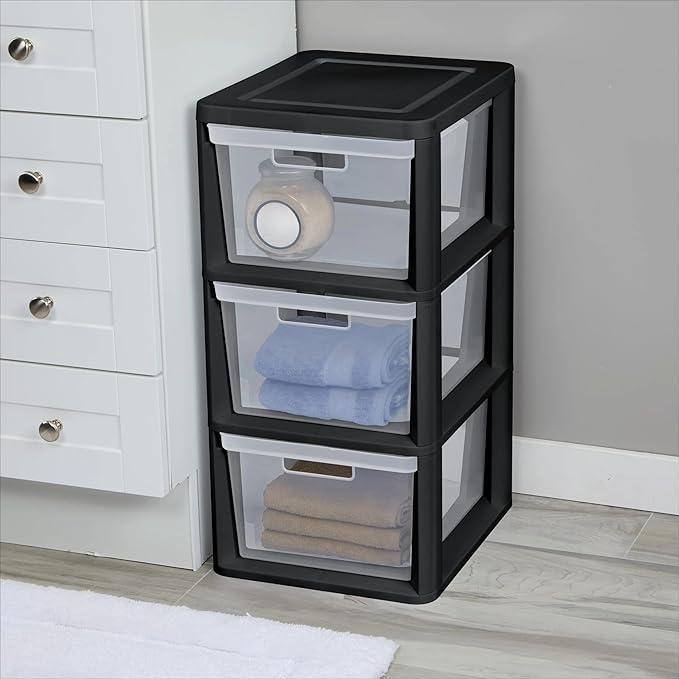 Plastic Drawer Wide Tower Plastic Storage Cart with Clear Pull Out Drawers, Black (Black, 3 Drawer Wide Tower)