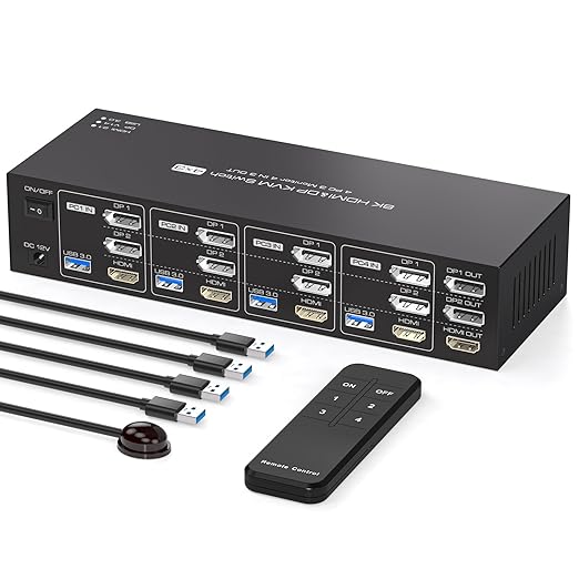 KVM Switch 3 Monitors 4 Computers 4K144Hz 2 Displayport HDMI Triple Monitor KVM for 4 PC Sharing 3 Screens and 4 USB 3.0 Port with Controller