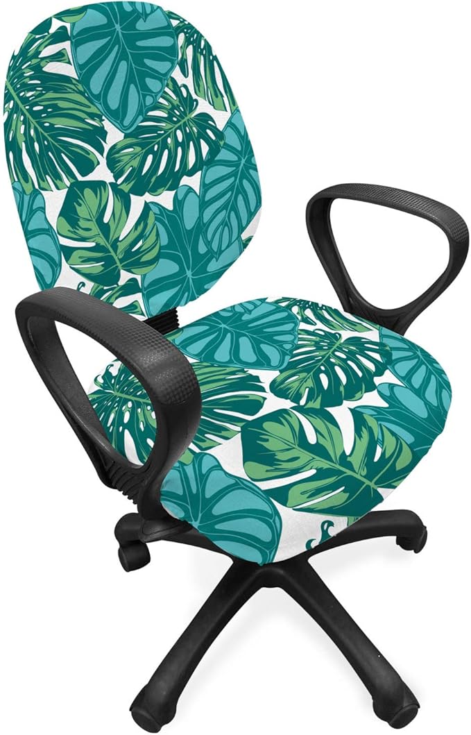 Ambesonne Exotic Office Chair Slipcover, Continuous Jungle Foliage Pattern with Tropical Leaves, Protective Stretch Decorative Fabric Cover, Standard Size, Dark Teal