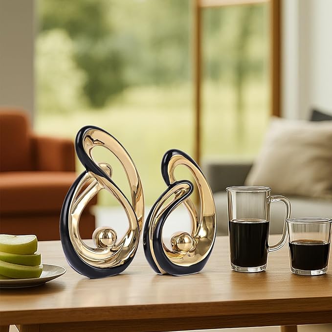 Abstract Ceramic Statue Set of 2, Black and Gold Home Decor, Modern Art Living Room Decor, Room Accessories tv cabinets Bookshelves dividers Dining Table centerpieces, Foyer Entry Decor.