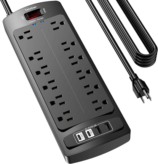 20 Ft Extension Cord Power Strip, Teiobar Surge Protector with 12 AC Outlets and 4 USB Ports for Home, Office, Dorm Essentials, 1875W/15A, 2700 Joules, ETL Listed, Black