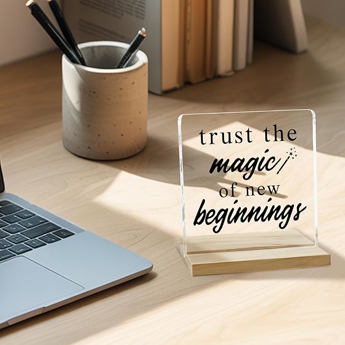 New Beginnings Desk Decor Sign, Inspirational Acrylic Plaque Gifts for Women, Friends, Coworkers