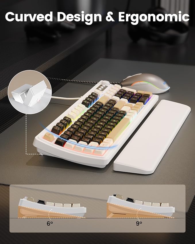 SABLUTE Wired Gaming Keyboard and Mouse, RGB Backlit Mechanical Feel PC Gaming Keyboard with Multimedia Knob & Anti-Ghosting Ergonomic Premium Leather Wrist Rest for Game (White)