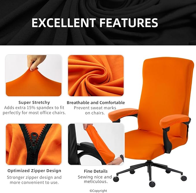 Stretch Computer Office Chair Cover with Armrest Covers Durable Zipper Universal Washable Removable Spandex Rotating Boss Chair Slipcovers Anti-dust Soft Desk Chair Seat Protector, Orange