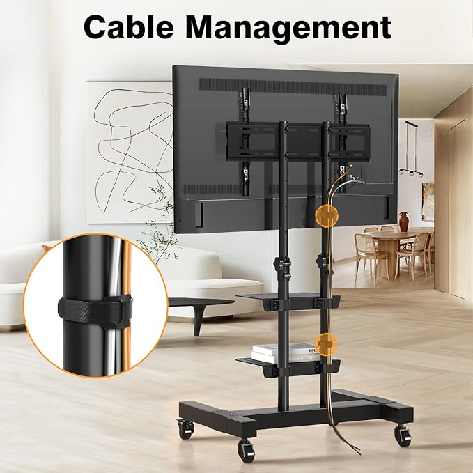 Mobile TV Stand Rolling TV Cart Floor Stand with Mount on Lockable Wheels Height Adjustable Shelf for 32-83 Inch TV Stand Flat Screen or Curved TVs Monitors Display Trolley (Black with 2 Shelves)