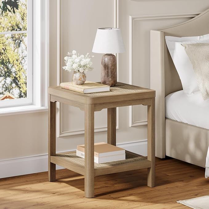 Eclatara End Table Set of 2, Farmhouse Square Nightstand with 2 Tier Boho Rattan Shelves, Protective Round Edge, Ultra-Thick Stable Legs Side Tables for Bedroom, Caramel Oak