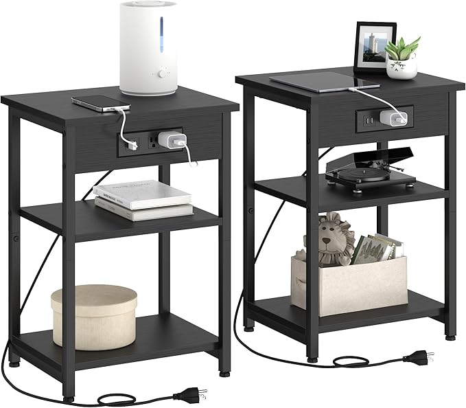 End Tables Set of 2 with Charging Station USB Ports, 3 Tier Tall Night Stand with Storage Shelves, Record Player Stand Narrow Side Table for Small Space Living Room Bedroom Office, Easy Assembly,Black