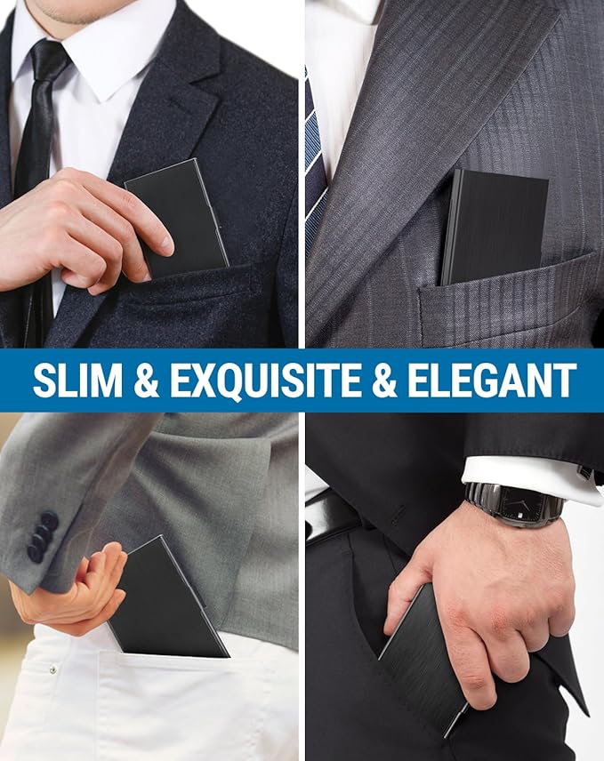 MaxGear Metal Business Card Holder for Men & Women, Professional Stainless Steel Card Case for Business Cards, Slim Purse Name Card Holders with Interior Lining, Buckle Style Shut, Black