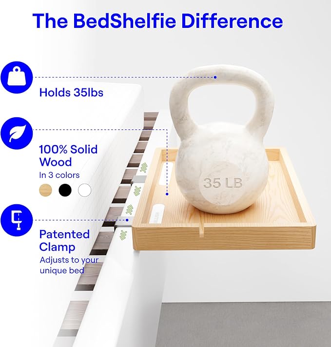 BedShelfie Wood Bedside Shelf for Bunk Bed & Top Bunk, College Dorm Room Essentials, Loft Nightstand, Floating Bed Side Table Tray Storage, Dorm Room Decor By Smallish - (Flexfit Bamboo, Natural)
