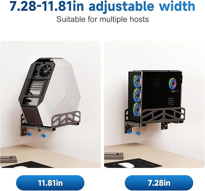 Pholiten Clamp-on Desk Extender PC Desk Mount Holder，Universal PC Wall Mount,7.28 to11.8 inch Wide Gaming Computer Case Stand，Capacity Weight 66lbs