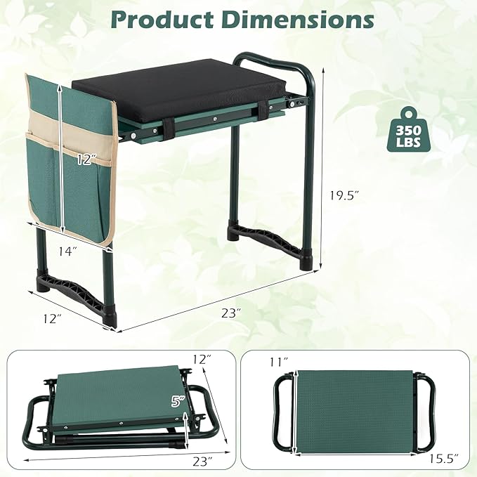 2-in-1 Garden Kneeler and Seat, Folding Garden Seat w/EVA Foam Kneeling Pad & Removable Tools Pouch, Sturdy Steel Frame, No Assembly, Portable Heavy Duty Garden Stool for Women Men Seniors