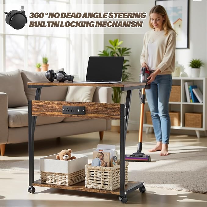 FANXIYQ Computer Tower Stand with 360° Locking Casters, 5 Height Adjustable Mobile CPU Cart, Under Desk PC Holder for Gaming Desktop, Home Office Organization, Wood Grain