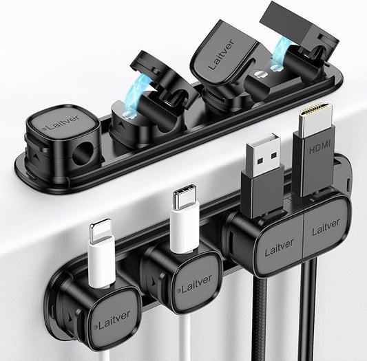 6 Pack Magnetic Cable Clips [1s Open/Lock], Laitver Cord Organizer Holder Strong Adhesive Desk Cable Management- Organize Charging Cords Neatly for Home, Office, Car,Desk, Nightstand-Black