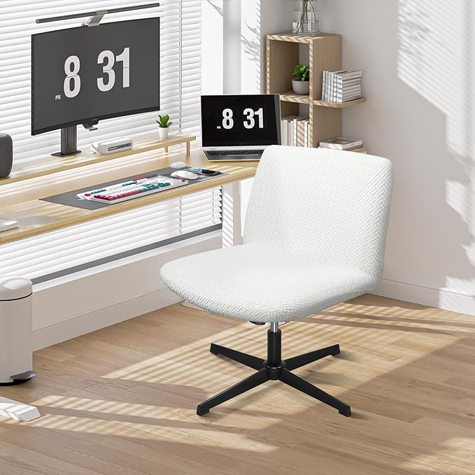 Criss Cross Chair Cover, 2pcs White Slipcover Armless Office Desk Computer Chair Fuzzy Cover，Stretch Mid Back Wide Seat Swivel Chairs Protector Jacquard for Bedroom（Only Covers, No Chairs）