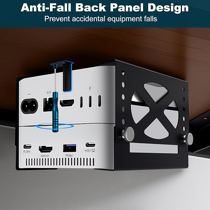 Adjustable Under Desk Mini PC Mount, 6-Level Height (1.7" to 3.3"), Width Adjustable Metal CPU Holder for Mac mini M4, Small PCs, Universal Adjustable Mount, Space Saving