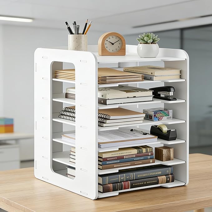 Desk Organizer, 7-Tier File Organizer for Desk, Letter Tray Paper, Desktop Document Sorter for Letter, File Folder Holder with Pen Holder for Office, Home or School- White MLT001W7