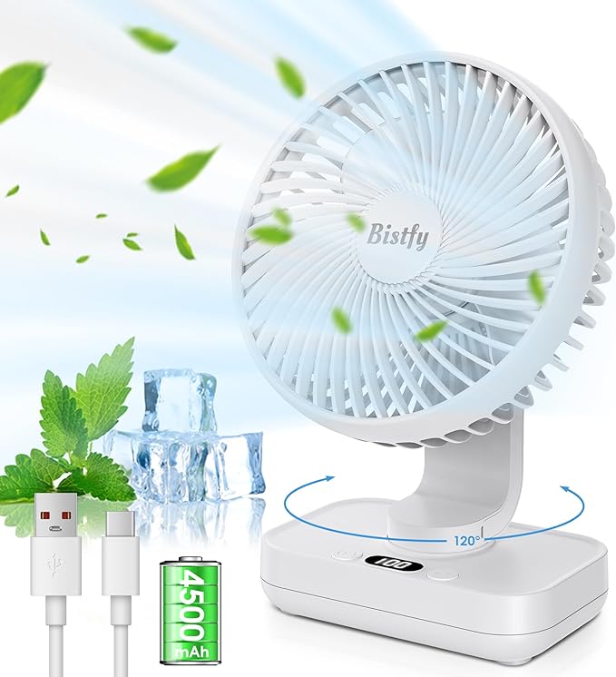 Desk Fan 5.5'' Small Fan Ultra-Silent, 120° Oscillating, 90° Adjustable Head Tilt, with Digital Display 4 Speed Portable USB Rechargeable Table Fan Ideal for Home, Bedroom, Office (White)