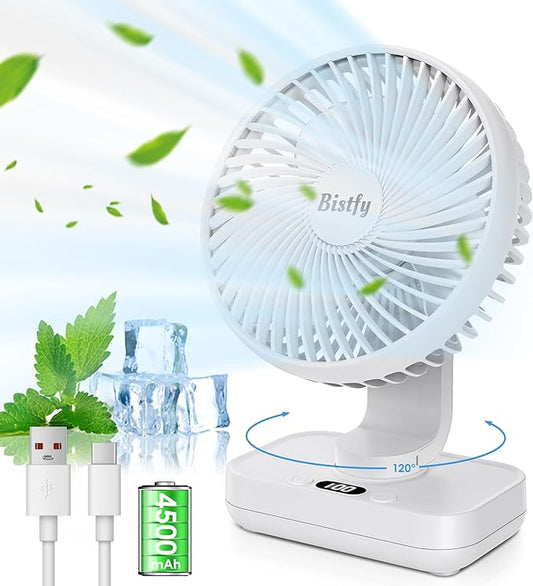 Desk Fan 5.5'' Small Fan Ultra-Silent, 120° Oscillating, 90° Adjustable Head Tilt, with Digital Display 4 Speed Portable USB Rechargeable Table Fan Ideal for Home, Bedroom, Office (White)