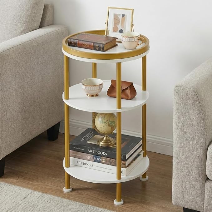 Small Round Side Table, Gold Round End Table with White Shelves, 3-Tier Modern Nightstand for Bedroom & Living Room, 21.7" H Narrow Gold Accent Table for Small Spaces, Dorm, Nursery (White & Gold)