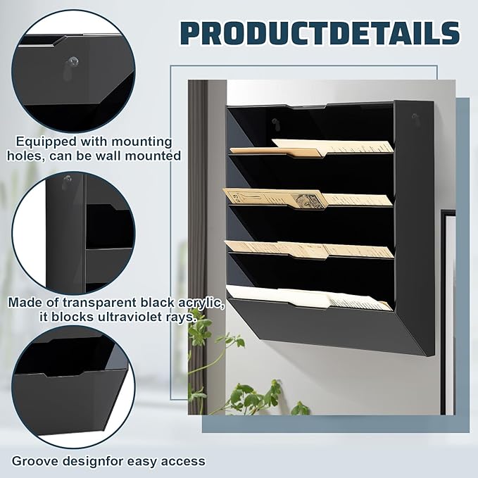 Chunful 5 Tier Mail Sorter Letter Wall Holder Black Acrylic Wall Mounted Mail Organizer Hanging File Envelope Pocket Plastic Mount Document Holder for Home Office Entryway