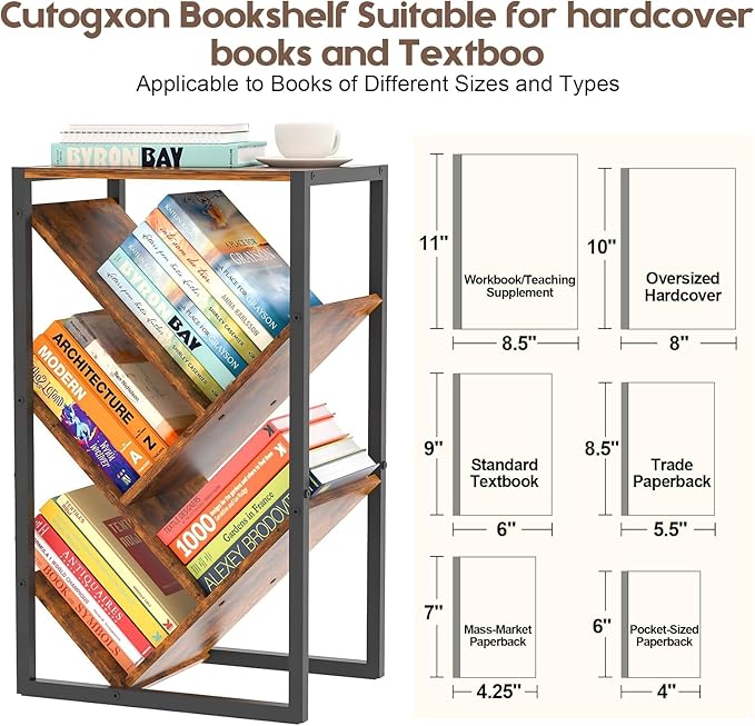 Small Bookcase - 5 Tier Tree Bookshelf with EVA Pads, Book Shelf for Small Spaces Bookshelves End Side Table Wooden Book Storage Organizer for Hardcover Books Bedroom Living Room, Patent Pending