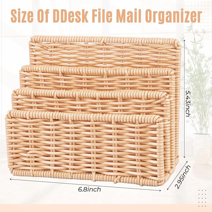 Small Rattan Mail Organizer for Desk Mail Holder Countertop with 3 Slot Rattan Letter Sorter File Holder Envelope Book Stand Farmhouse Office Desk Organizer and Storage Accessories