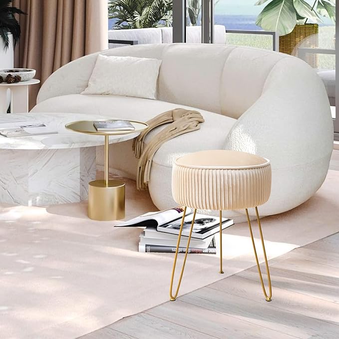 LUE BONA Pleated Vanity Stool, Velvet Upholstered Round Modern Stool for Makeup Room, Ottoman Footrest with Metal Legs for Living Room, Bedroom, Champagne