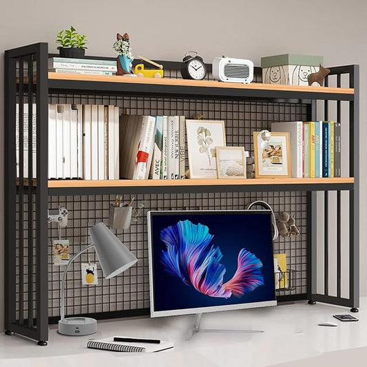 HUATOL 2-Tier Desktop Hutch Bookshelf Metal Desk Shelf, Storage Display Shelf for Computer Desk, Multifunctional Freestanding Storage Rack Display Shelf for Office, Home Decor (37.4 * 35.9 * 9.44 in)