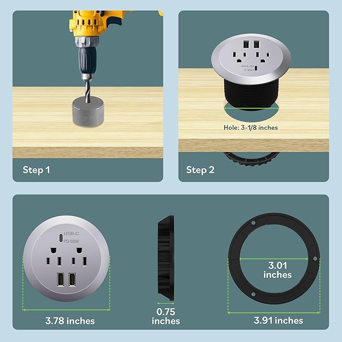 TOPGREENER Desktop Power Grommet with 60W PD for MacBook, GaN Desk Grommet with 1 Fast Charging USB-C Port, 2 USB-A Ports and Duplex Receptacles, TTRP48APD60-SV, Silver
