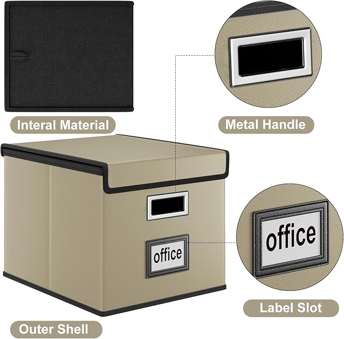 Faux Leather File Organizer Box with Lid, Collapsible Hanging File Folder Box Organizer with Plastic Slides, Decorative Home/Office Filing System Boxes for File and Folder Storage-Khaki