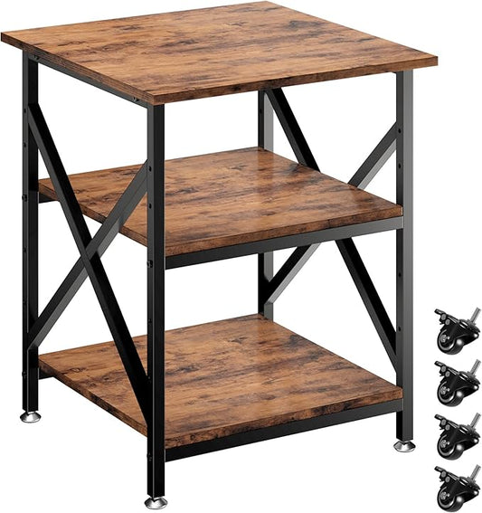 3 Tier Printer Stand, Large Table with Wheels, Rolling Cart with Height Adjustable Middle Storage Shelf, 23.6 x 23.6 x 30.3 Inches Shelf for Home Office, Vintage Brown