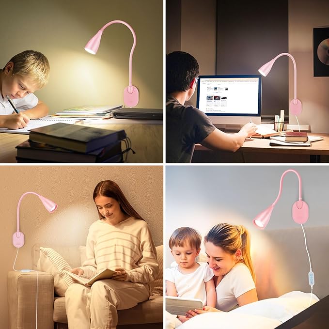 LED Wall Mounted Bedside Reading Light, 3 Color Modes,10 Brightness Dimmable, USB Charging Port, Adhesive Wall Lamp Night Light for Books in Bed, Flexible Neck Eye-Caring Bedroom Lighting Pink