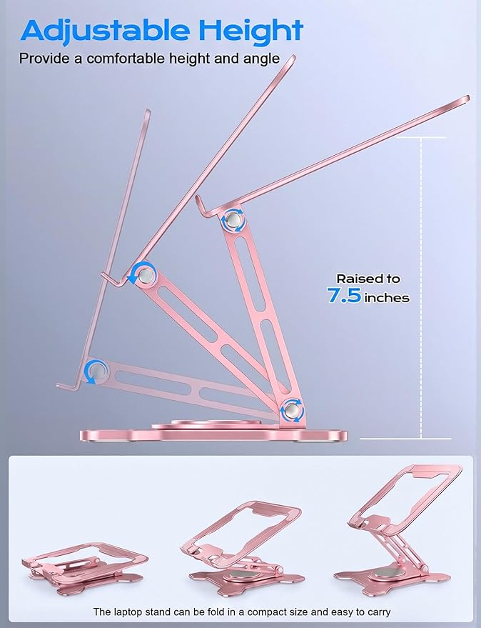 JCZT Adjustable Laptop Stand for Desk, 360° Rotating Base Ergonomic Computer Stand, Laptop Riser Foldable Protable for Office Home Fits Compatible with MacBook Pro/Air Notebook up to 10-16" Pink