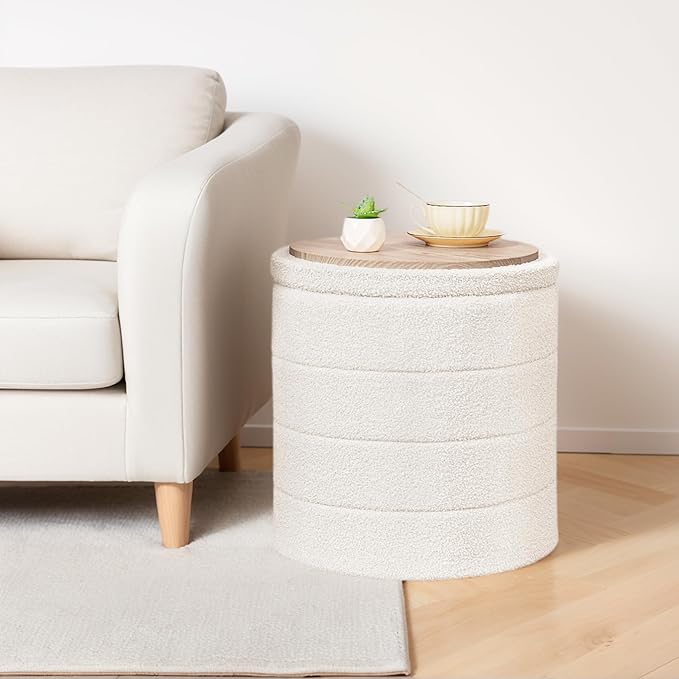 18" Tall Round Boucle Storage Ottoman, Sherpa Teddy Fabric Ottoman Footstool with Wooden Tray Reversible Lid, Folding Footrest with Storage for Living Room, Bedroom, Dorm, White