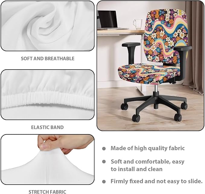 Hippie Flowers Office Chair Covers Washable Computer Office Chair Seat Cover 70S Floral 2 Piece Office Chair Slipcovers Protector Desk Accessories Dorm Computer Rotating Chair Slipcover
