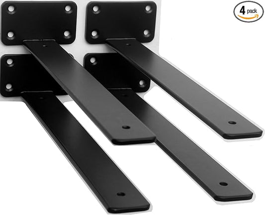 4 Pack - 16 inch Black Hidden L Shelf Bracket (1/5 Inch Thicked) Iron Floating Shelf Brackets Rustic Industrial Metal Brackets for Shelf Support