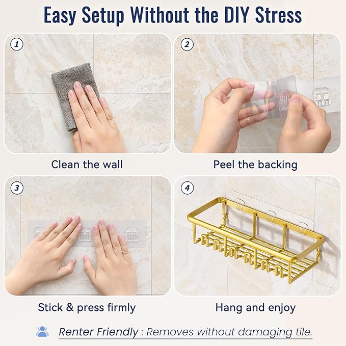 8 Pack Adhesive Rustproof Shower Shelves with Soap Dishes, Toothbrush Holder & Hooks, Large Capacity No-Drilling Shower Shelves Rack for Bathroom Organizers and Storage Accessories, Gold